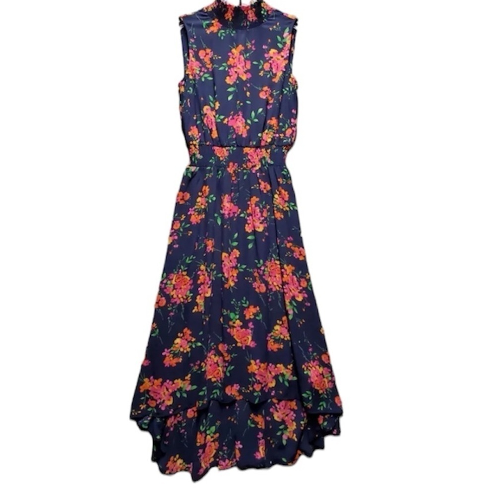 nanette Nanette Lepore blue floral print smocked neck and waist ruffle hem dress